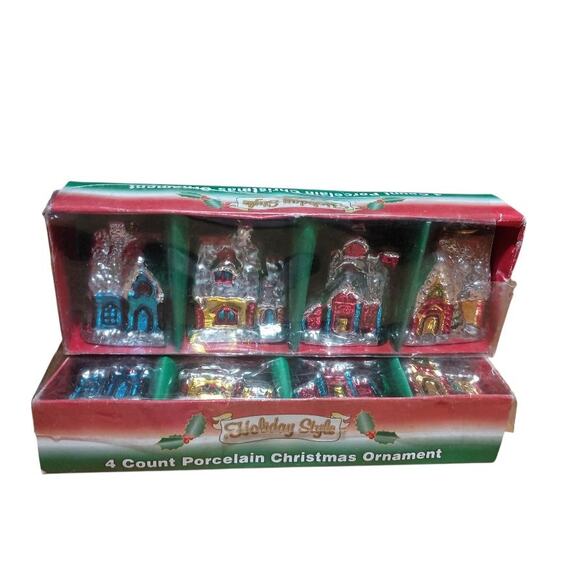 Vintage Holiday Style 4 Count Porcelain Houses Christmas Holiday Ornament Set - Picture 1 of 5